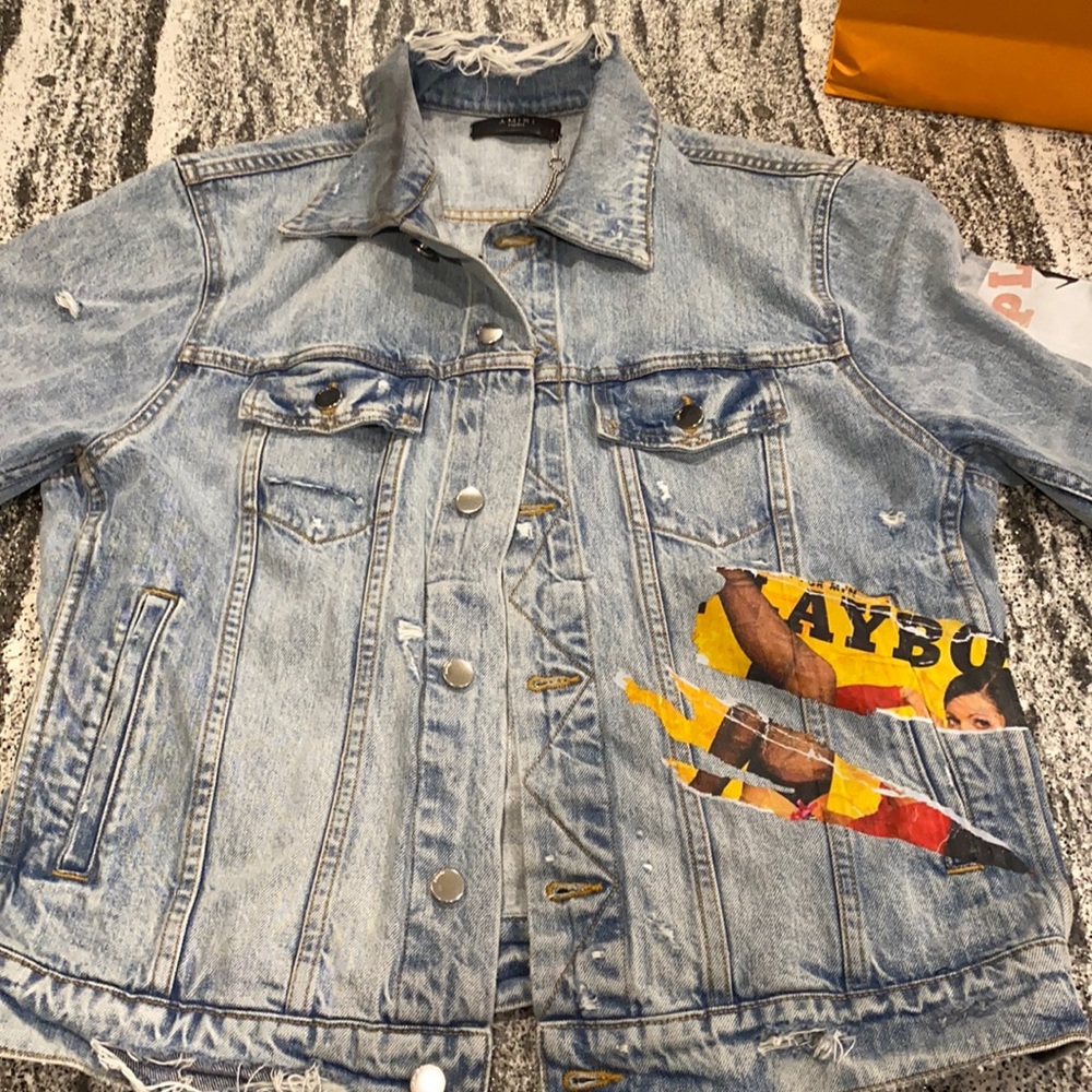 Men’s Amiri Playboy Magazine Distressed jean jacket sz XL